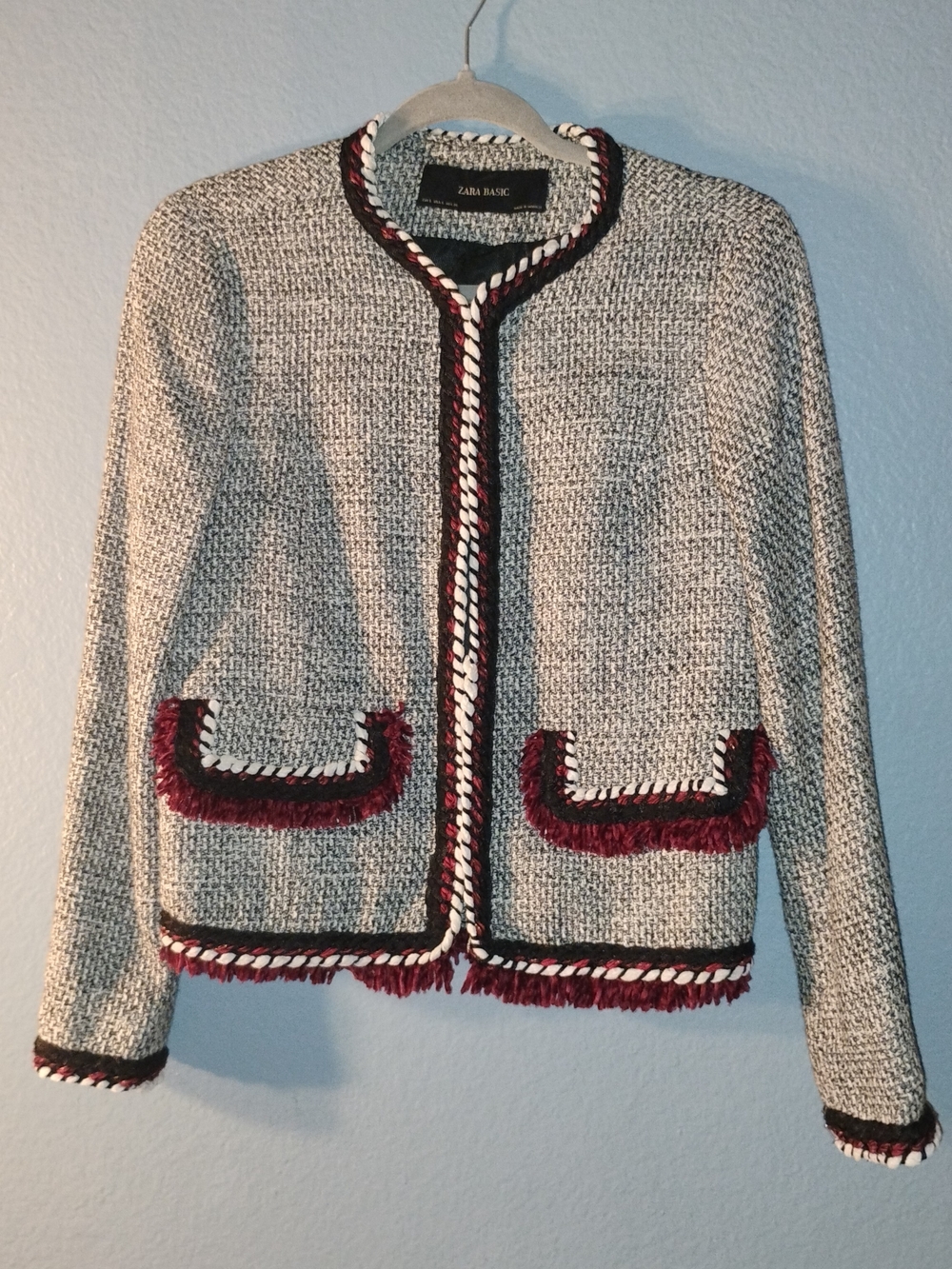Zara Tweed-Style Cream and Black Braided Trim Blazer with Burgundy Accents
